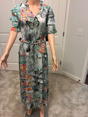 Floral Butterfly Tiered Maxi Dress in Mint Green by APNY.